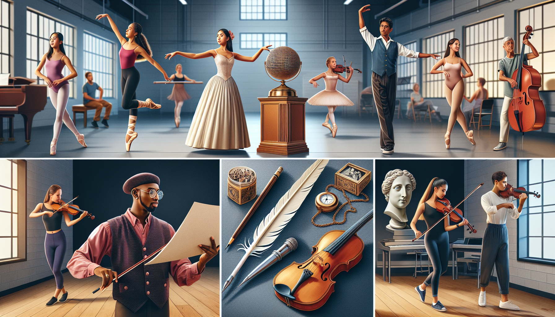 Performing arts students practicing ballet and playing violin, with classical music instruments and art tools on display