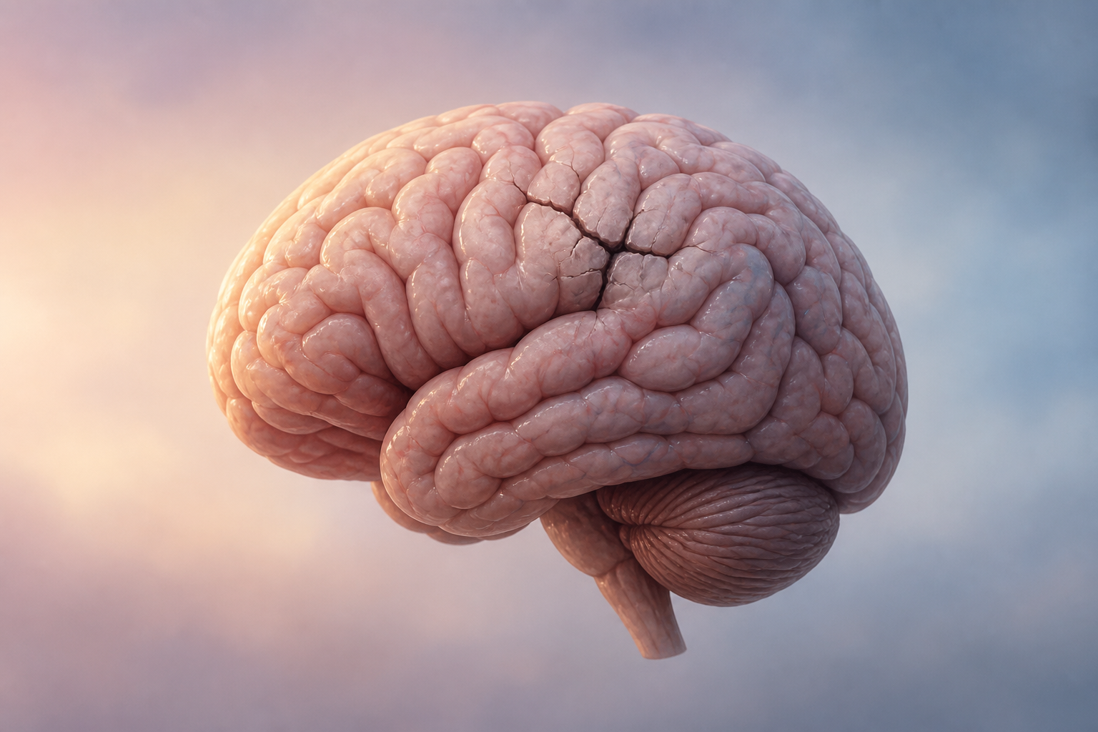 Are you ever the same after a head injury? - Create an image of a realistic brain with a subtle crack or fracture on its surface, placed against a soft gradient background to symbolize vulnerabil...