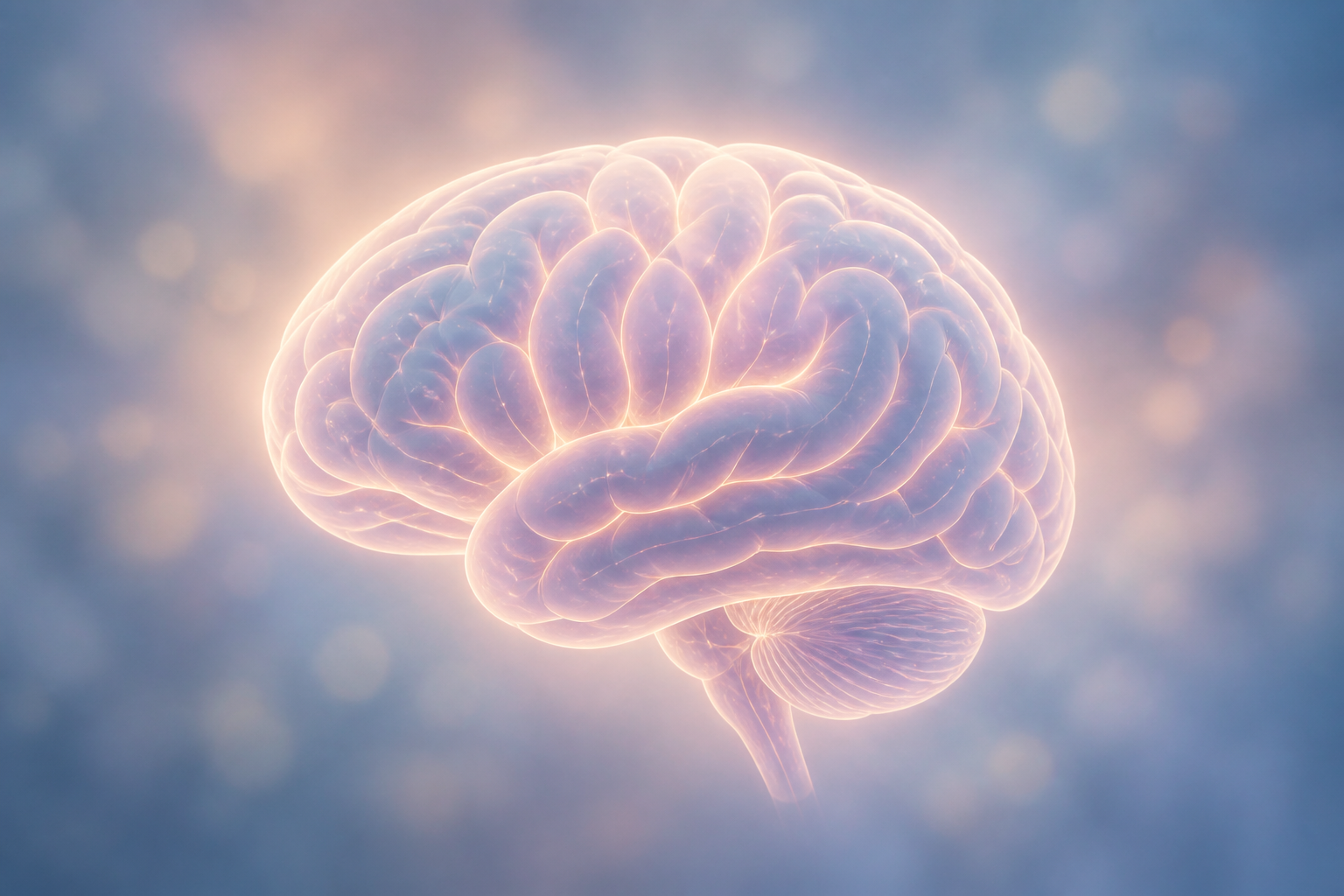 Illustrate a single, serene brain with gentle, glowing outlines against a soft, blurred background. The brain should be displayed in a calm, soothing...