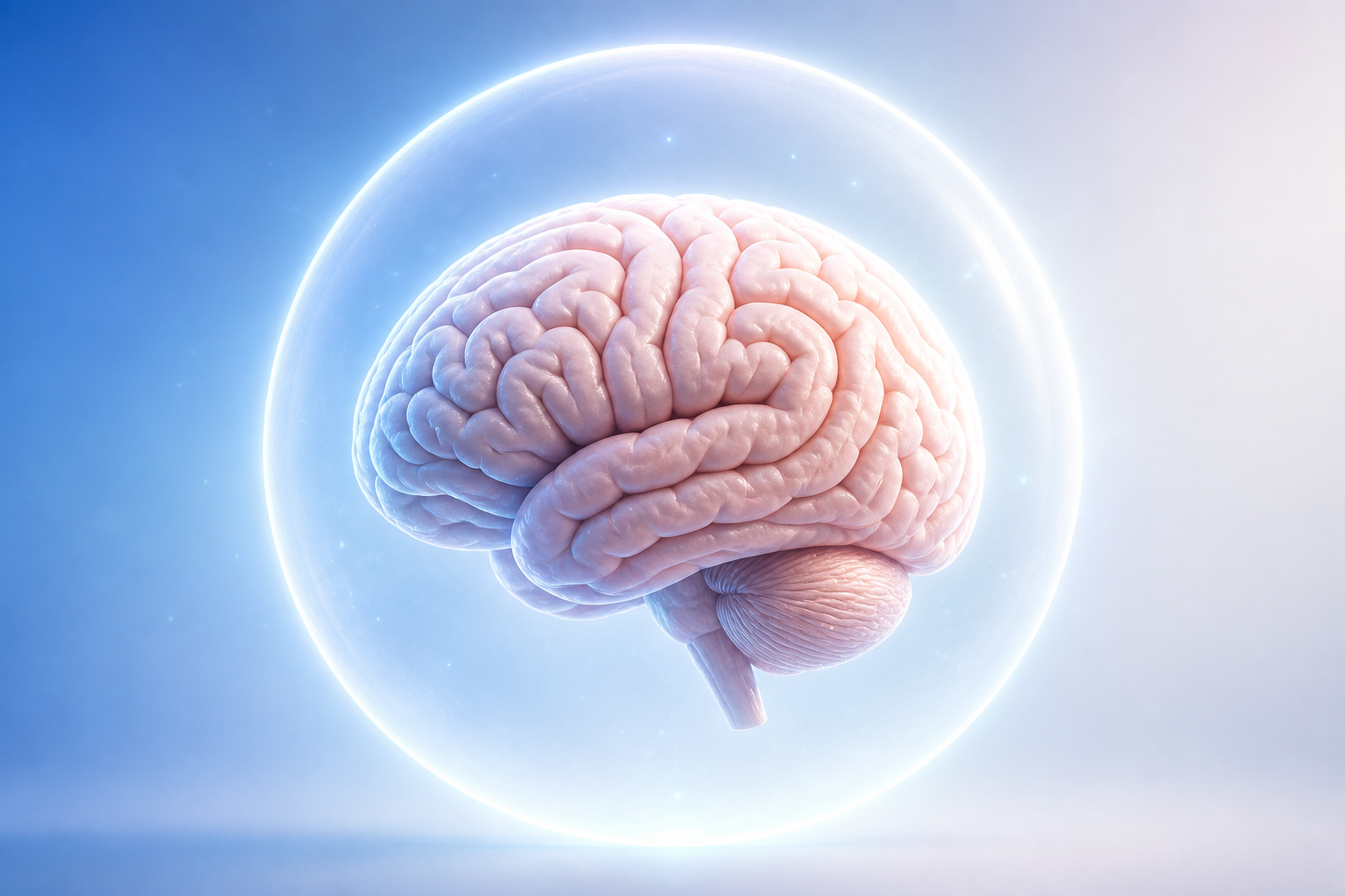 Image Prompt: Create an image featuring a human brain surrounded by a soft, transparent, glowing halo to symbolize protection and focus. The brain app...