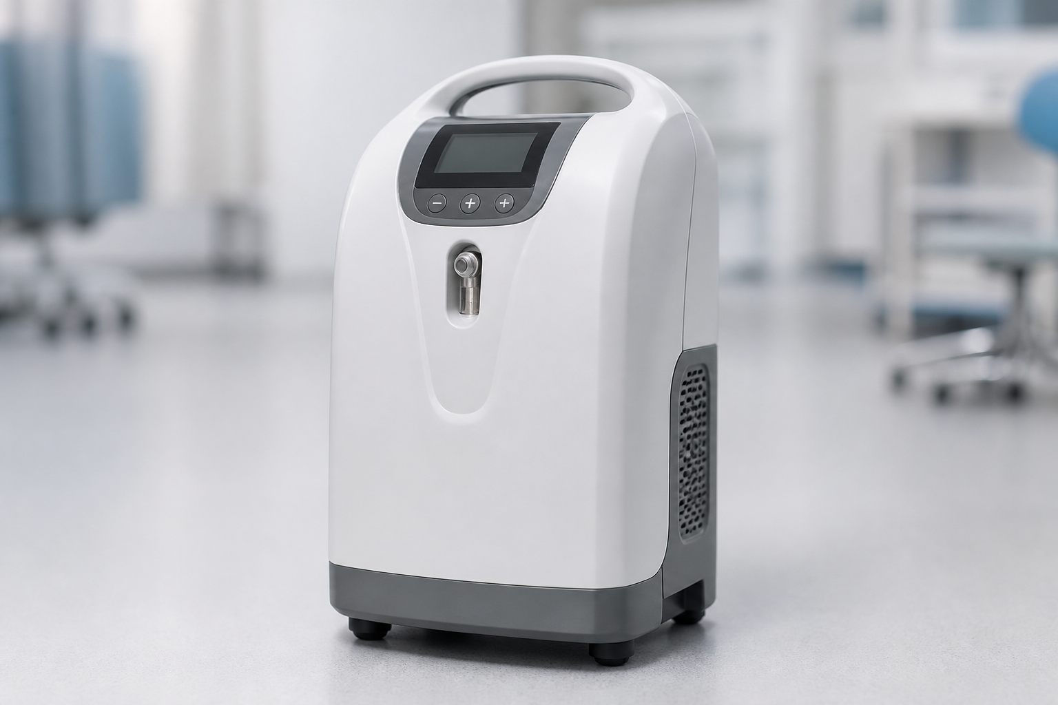 Photorealistic image of a single portable oxygen concentrator centered on a clean neutral clinical background, no text or logos, no people, visible ca...