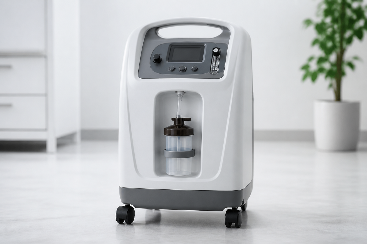 A single realistic oxygen concentrator on a clean clinical background, detailed high-resolution, soft natural lighting, subtle depth of field, realist...