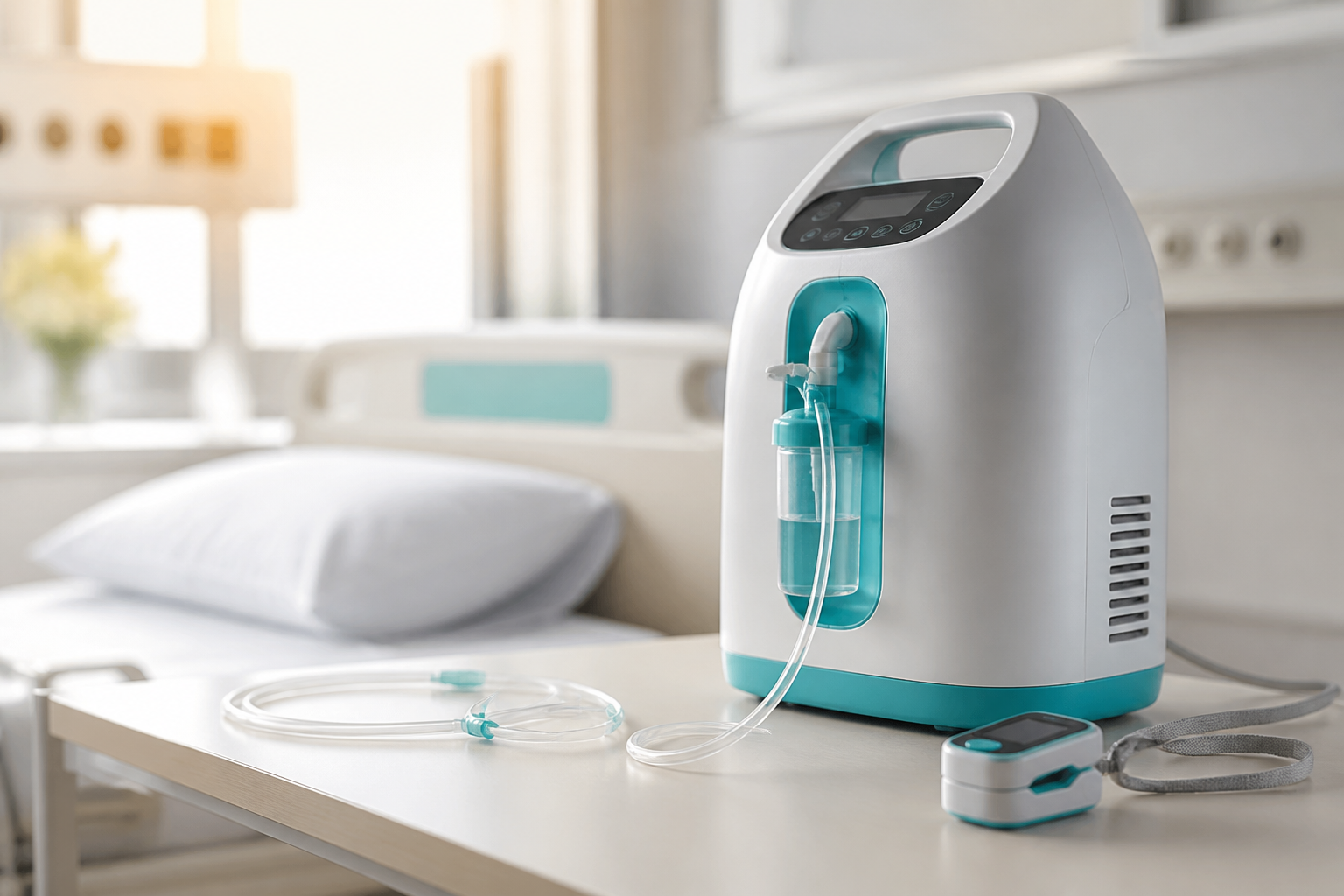 A single modern oxygen concentrator unit with a connected nasal cannula and a digital pulse oximeter placed on a clean hospital bedside table. Soft na...