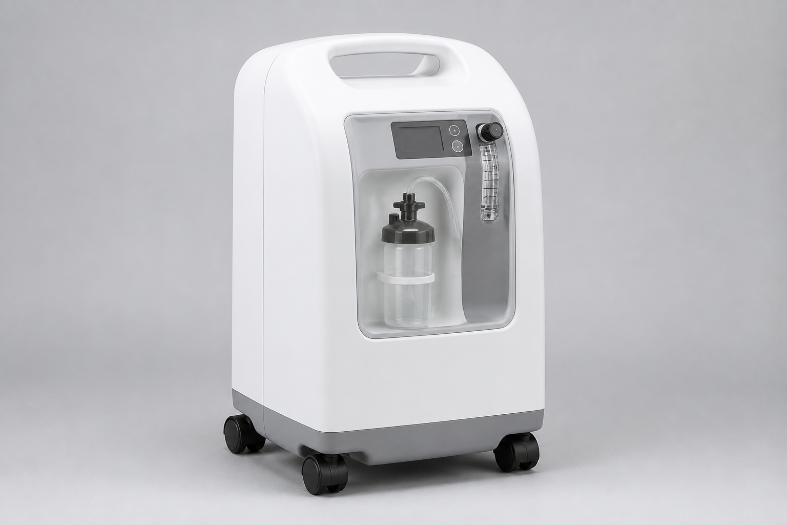 Photorealistic oxygen concentrator device centered on a neutral light gray background, single medical appliance, clean modern design, subtle soft stud...