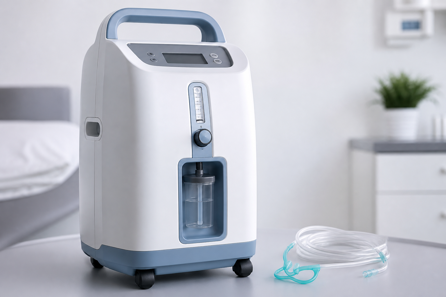 Is a prescription required to purchase an oxygen concentrator? - Photorealistic image of a single modern oxygen concentrator on a neutral clinical background, soft natural lighting, shallow depth of field, crisp det...