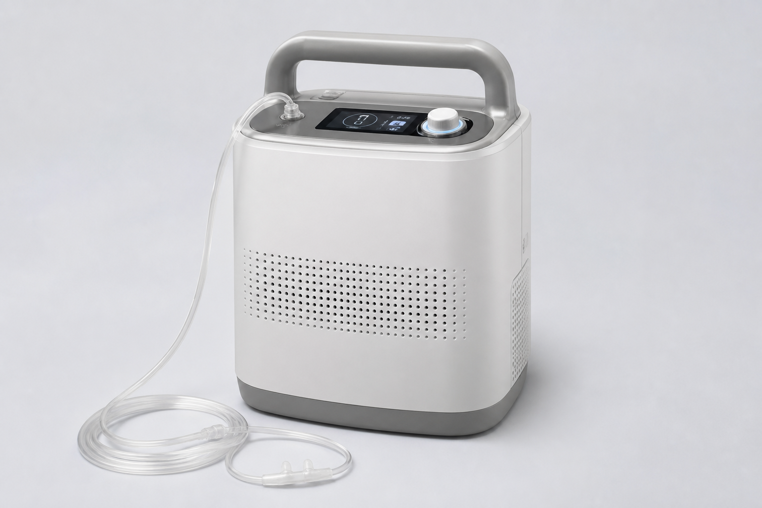 Photorealistic portable home oxygen concentrator, single object centered on a clean neutral background, soft clinical lighting, visible air outlet and...