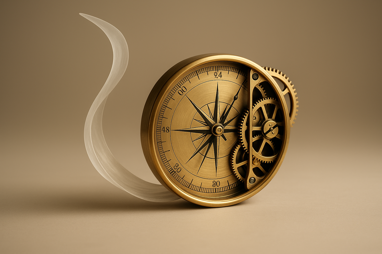 Single-object: a hybrid compass-clock sculpture melding a precise brass compass face and clockwork gears on one side with a flowing translucent ribbon...