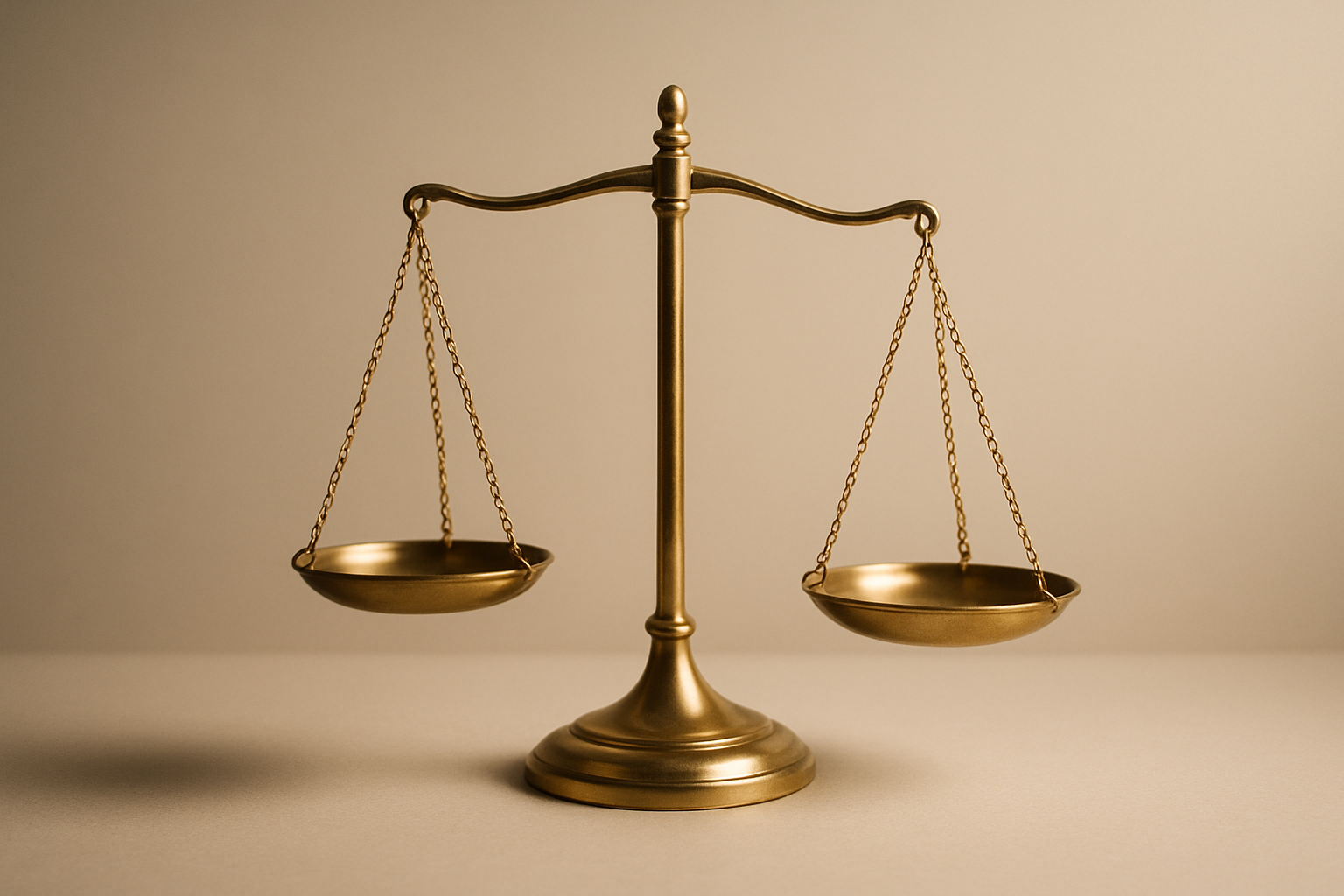 Minimalist close-up of a single polished brass balance scale centered on a neutral matte background, soft warm directional light, shallow depth of fie...