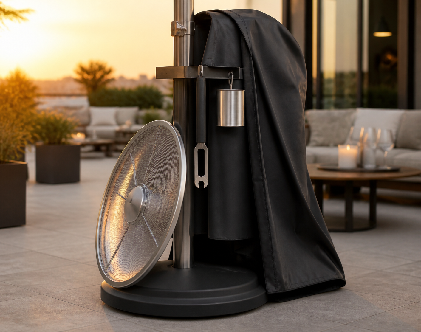 A patio heater with a heat reflector accessory installed, directing warmth toward a seating area