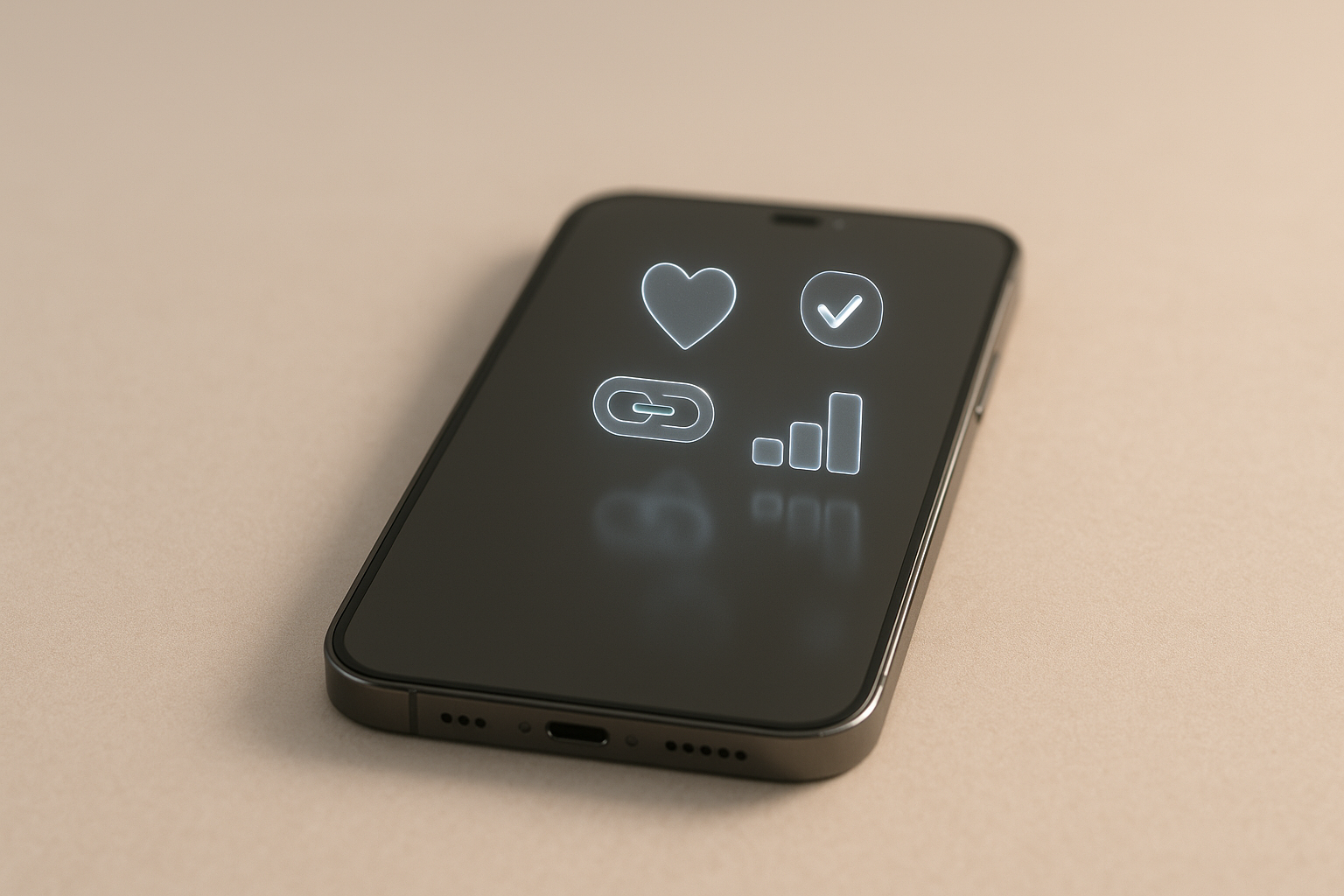 Close-up of a modern smartphone on a neutral matte background, single object centered. On its screen are translucent holographic symbols: a heart for...