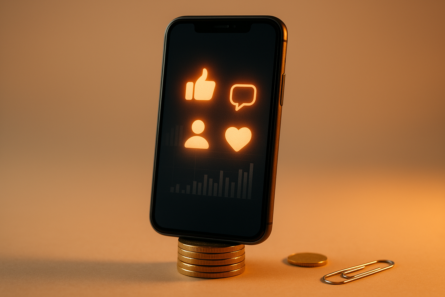 Single object: a smartphone standing upright on a small stack of coins, screen showing subtle social media icon glows (no text), warm studio lighting,...