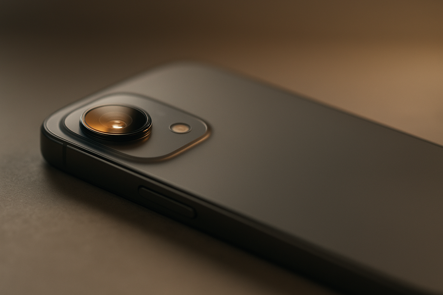 Close-up of a modern smartphone resting on a neutral surface, camera lens in sharp focus and subtle reflections of warm studio light on glass, minimal...