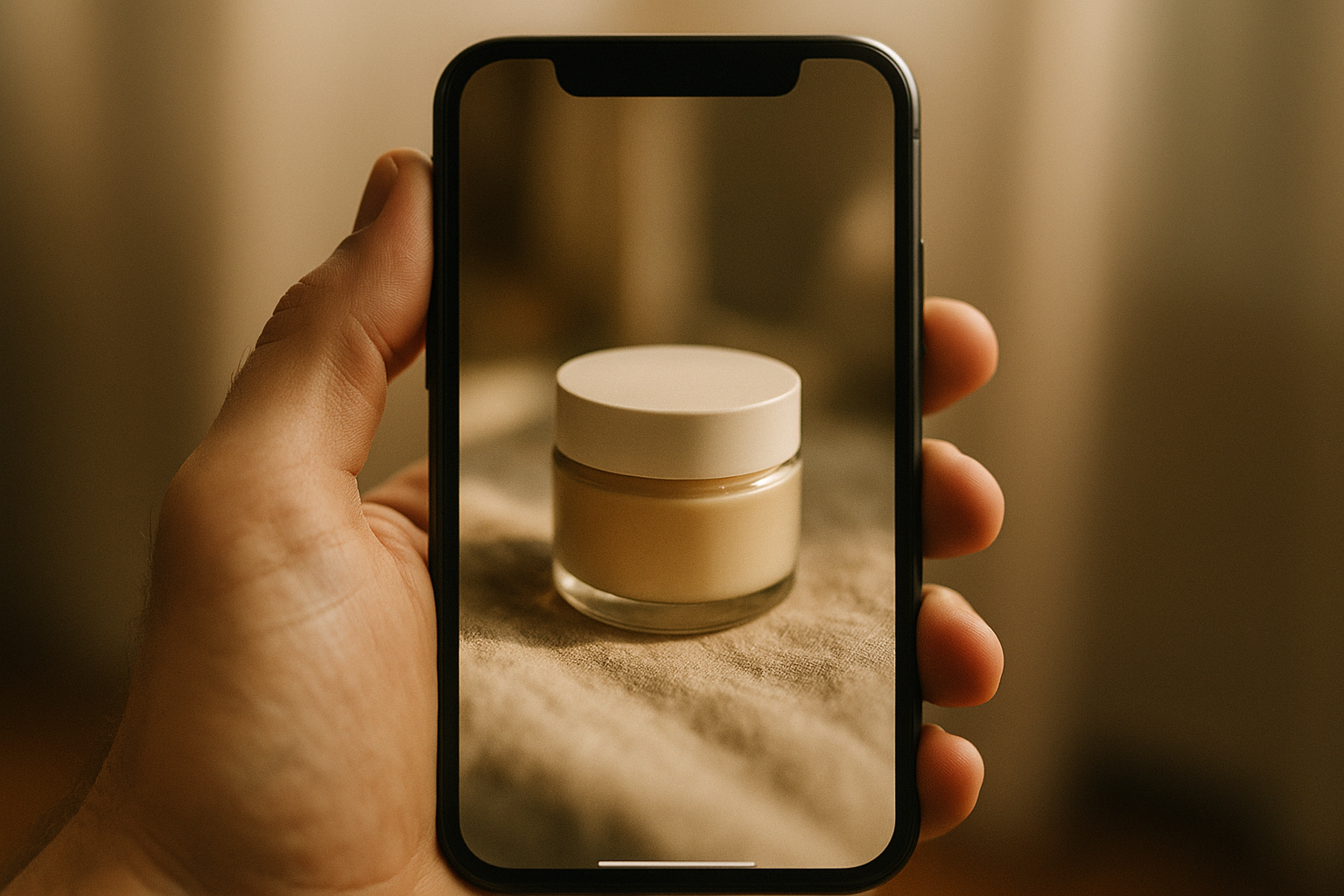 A close-up of a modern smartphone held by a hand, screen displaying a candid, high-quality user photo of a product (eco-friendly skincare jar) with na...