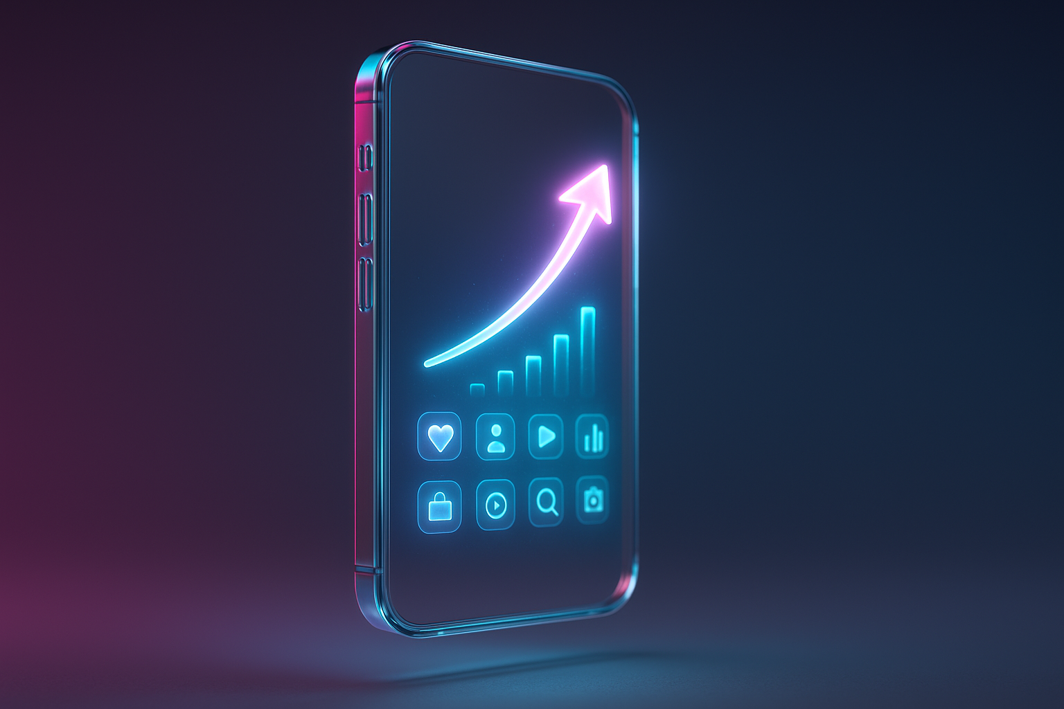 A single futuristic smartphone floating center frame, transparent glass body and holographic screen projecting a glowing upward growth arrow and tiny...