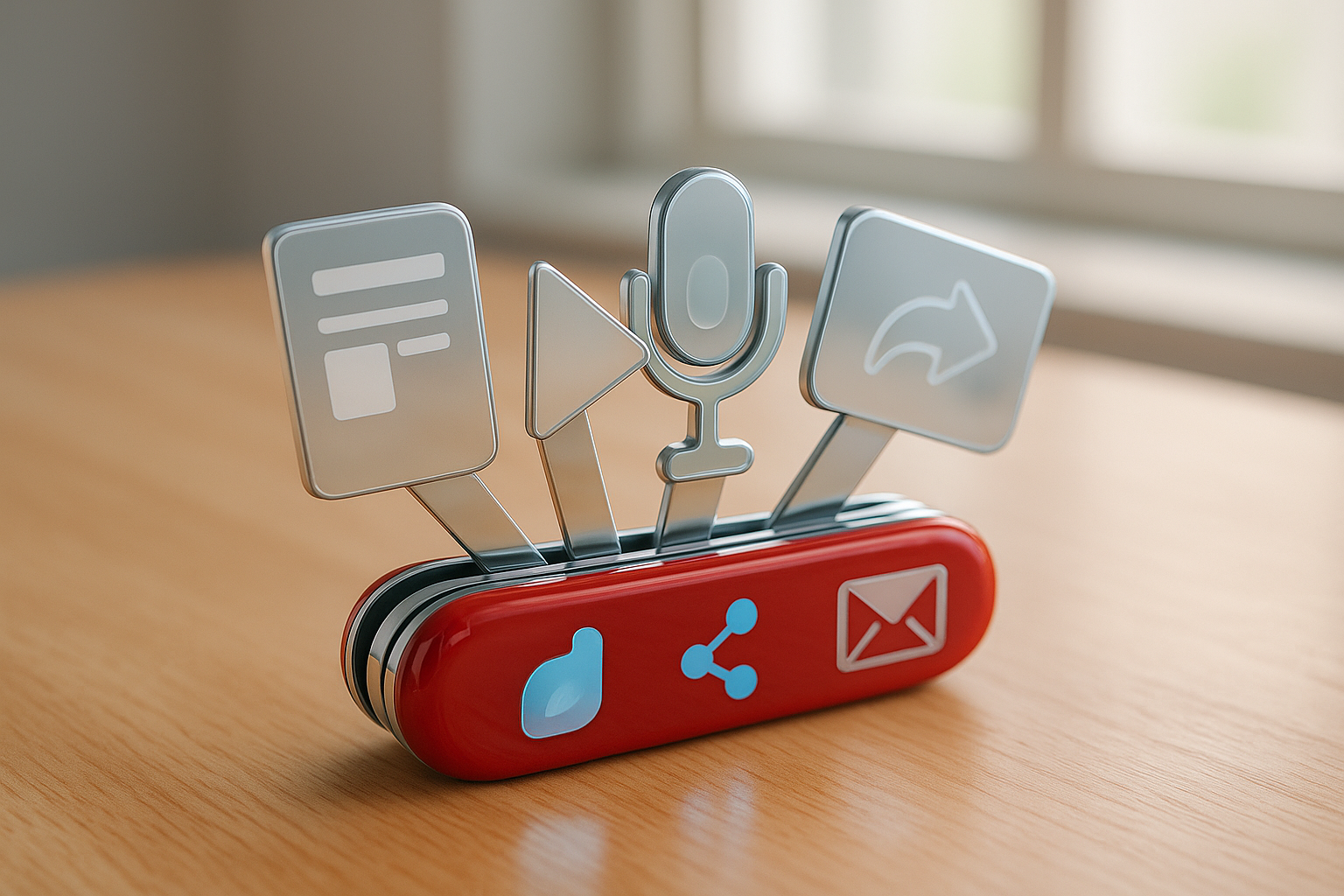 A single versatile Swiss Army knife made of glossy digital elements, each blade shaped like a content format icon — article page, video play triangle,...