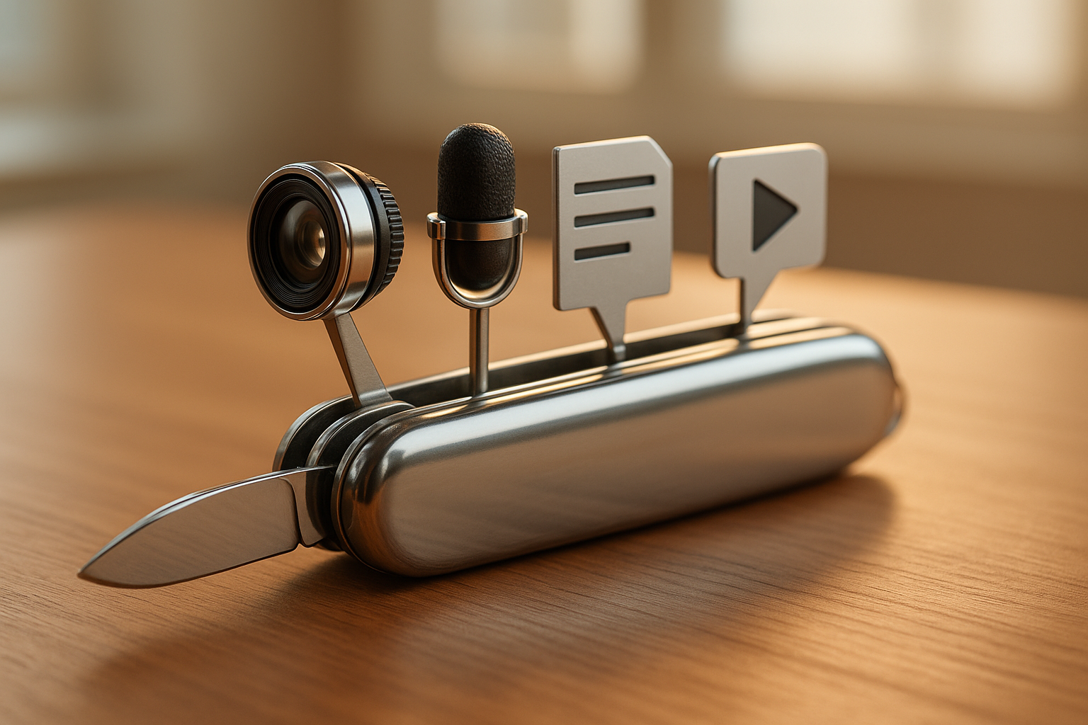 Close-up of a polished Swiss Army knife with blades replaced by miniature content tools—camera lens, microphone, document page icon, video play symbol...