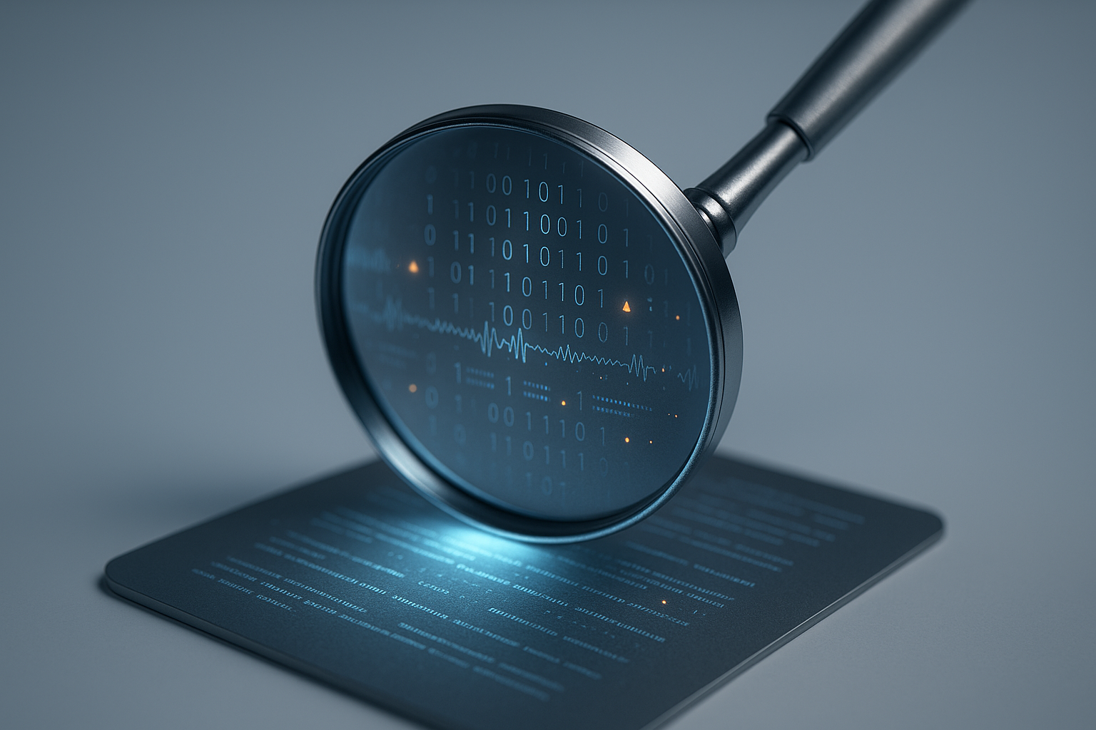Close-up of a sleek magnifying glass hovering above a glowing digital document, its lens reflecting streams of binary code, faint tone waveforms, and...