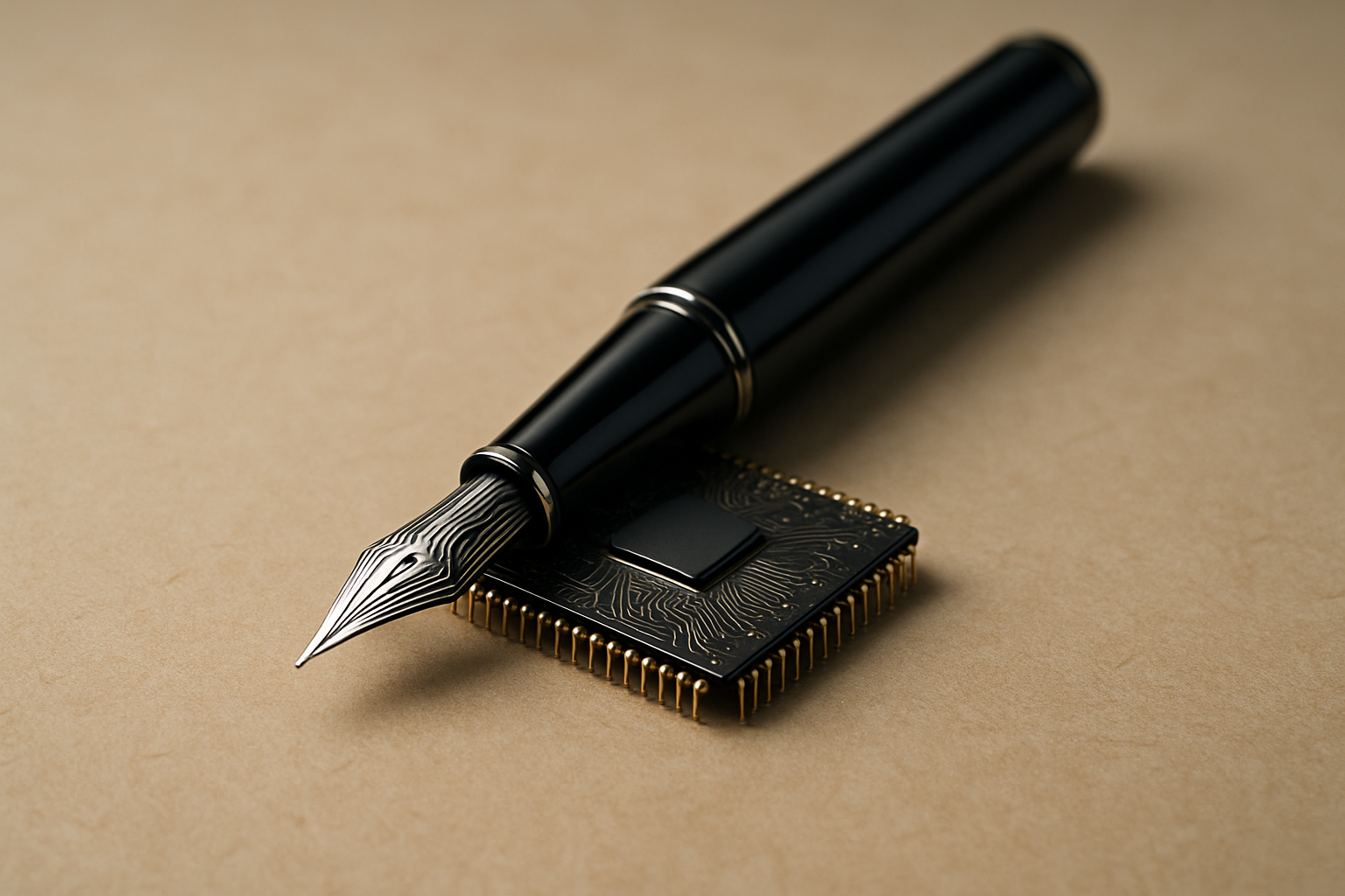 A single hybrid object: an elegant fountain pen fused with a sleek microchip body, nib subtly made of circuitry, warm textured paper beneath, soft dir...