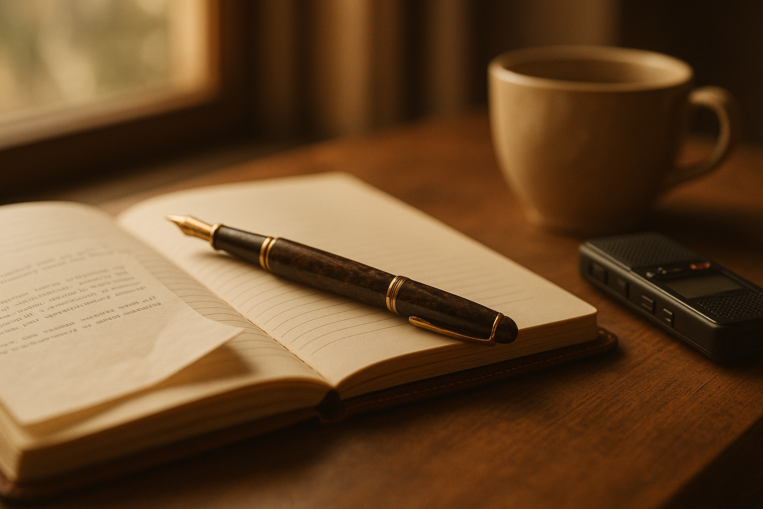 Single vintage fountain pen resting on an open leather notebook beside a small voice recorder and a coffee cup, warm natural window light, shallow dep...