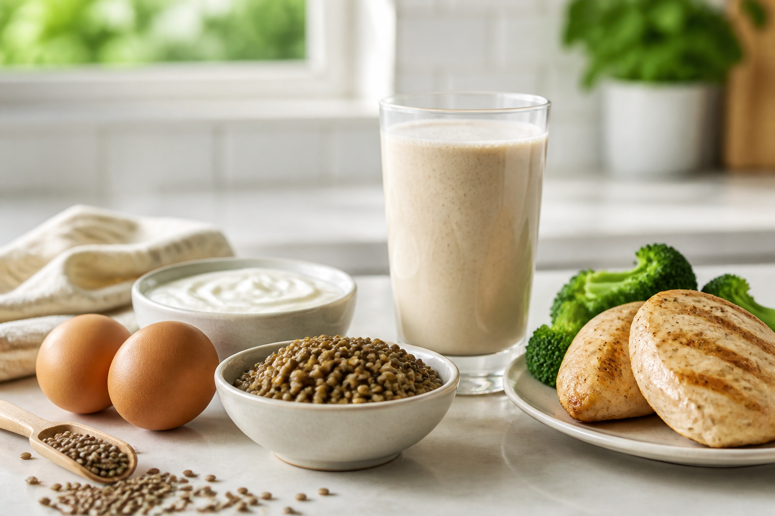 Create a clean, photorealistic editorial image of a protein shake in a clear glass beside whole-food protein sources like eggs, Greek yogurt, lentils,...