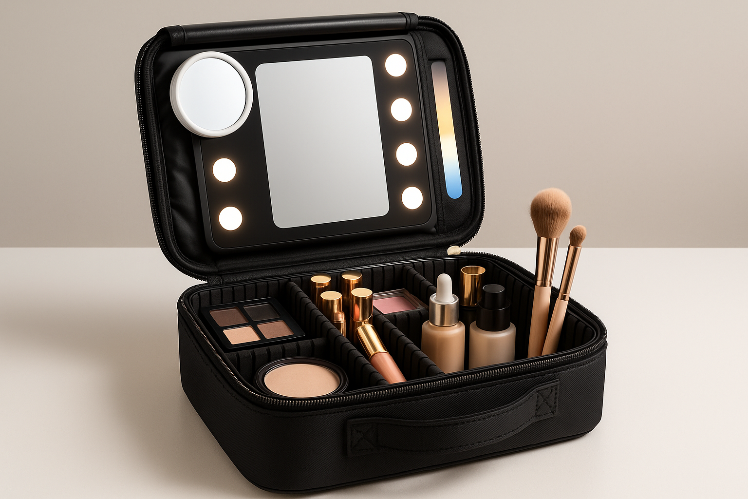 Makeup Bag with Mirror and Light 3 Colors, Travel Make up Bag with Mirror Portable Lighted Makeup Case Organizer Cosmetic Case with 2-Layers Adjustable Dividers  10X Magnifying Mirror(Black)