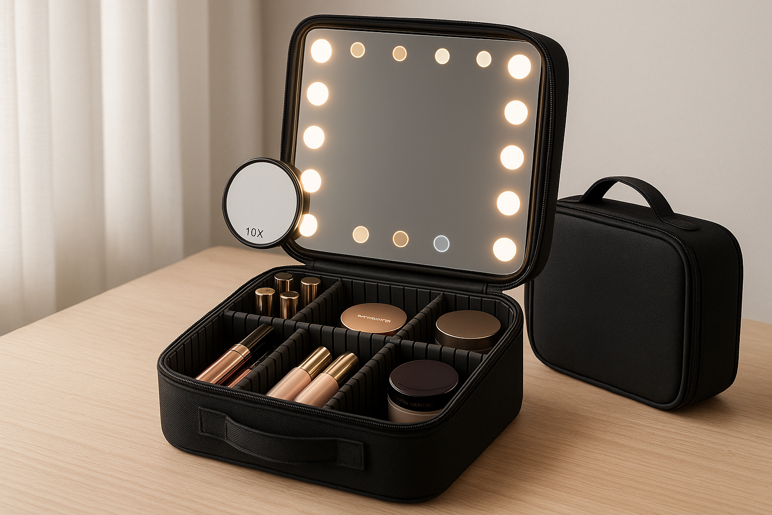 Makeup Bag with Mirror and Light 3 Colors, Travel Make up Bag with Mirror Portable Lighted Makeup Case Organizer Cosmetic Case with 2-Layers Adjustable Dividers  10X Magnifying Mirror(Black)