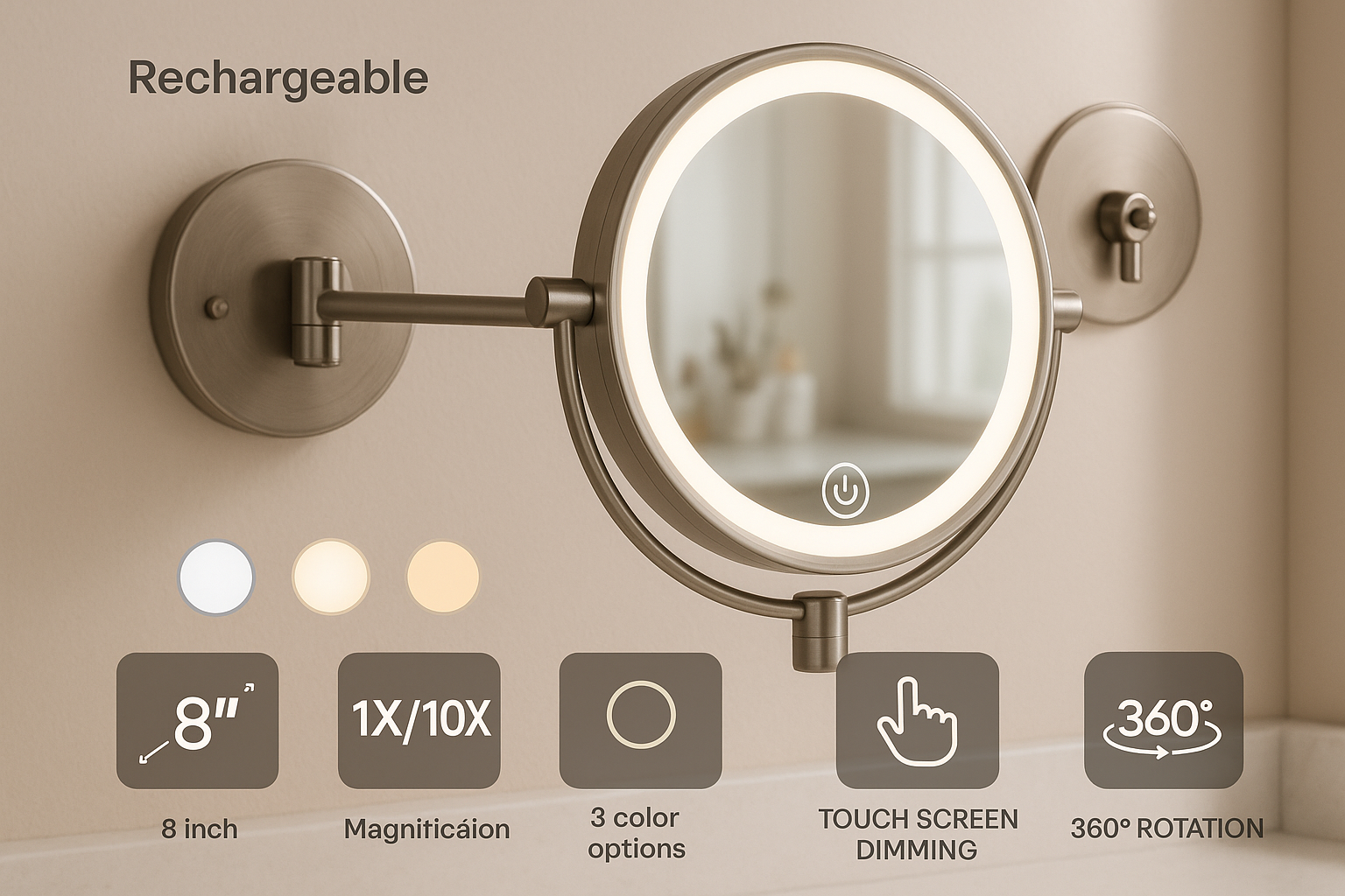 Rechargeable Wall Mounted Lighted Makeup Mirror, 8 Inch Double Sided LED Vanity Mirror 1X 10X Magnification, 3 Color Lighting, Touch Screen Dimming, 360 Rotation Light up Mirror