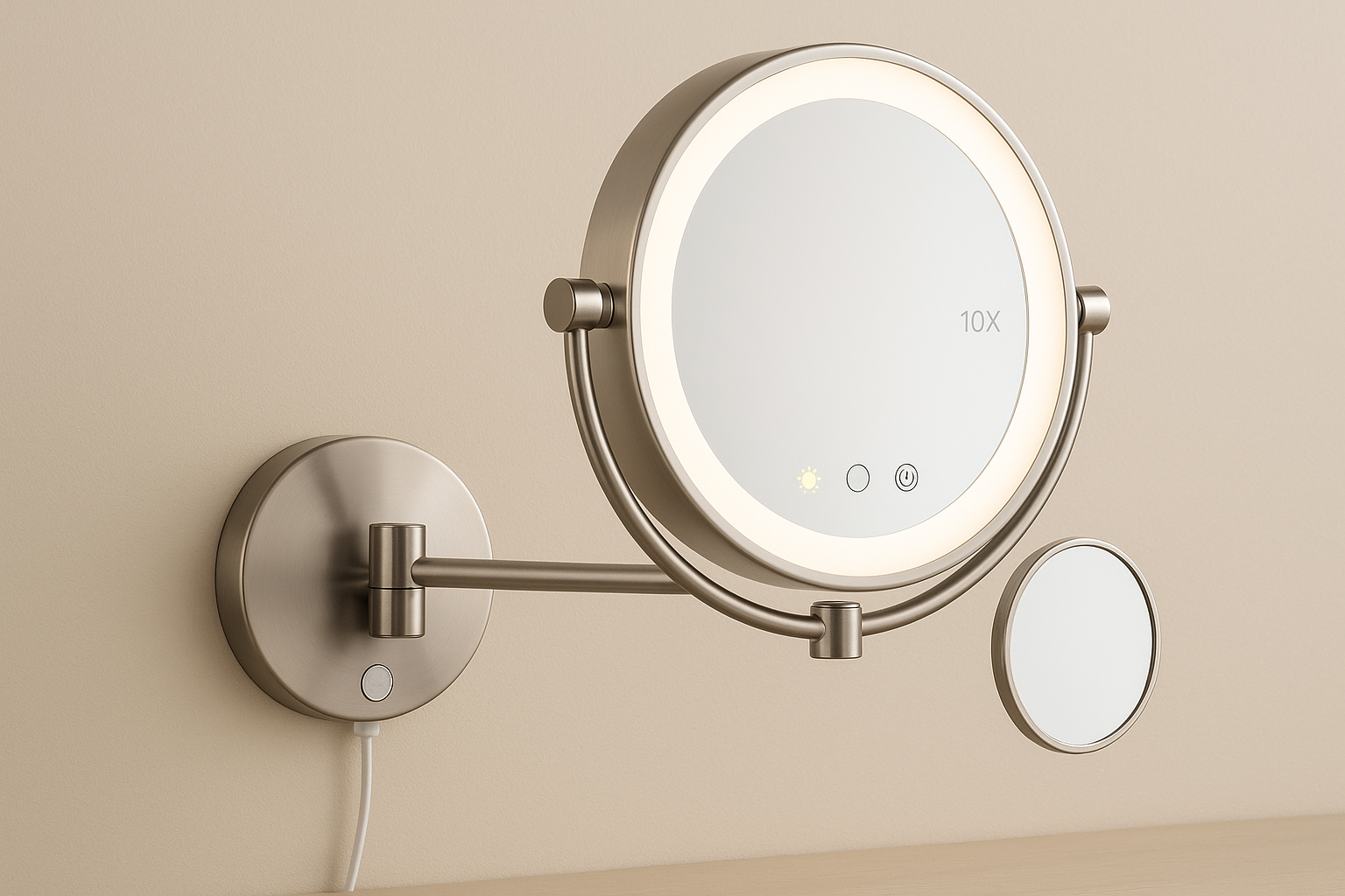Rechargeable Wall Mounted Lighted Makeup Mirror, 8 Inch Double Sided LED Vanity Mirror 1X 10X Magnification, 3 Color Lighting, Touch Screen Dimming, 360 Rotation Light up Mirror