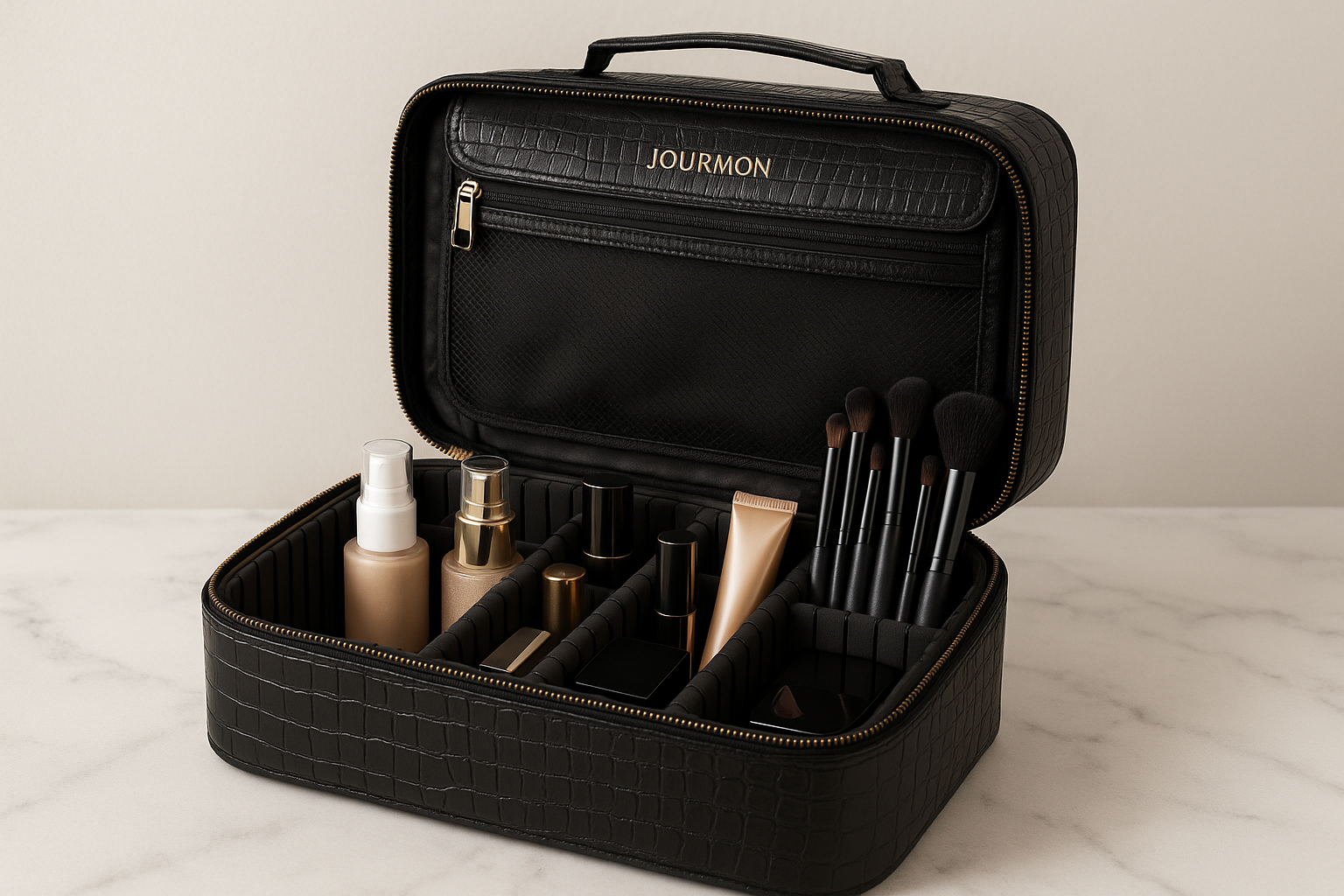 JOURMON Travel Makeup Train Case,Large Capacity Cosmetic Bags for Women,Portable Makeup Bag Organizer with Adjustable Dividers  Shoulder Strap (Crocodile Pattern Black,Medium)